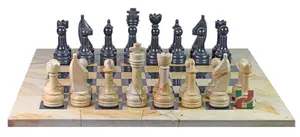 Luxury Burma Teak & Jet Black Marble Rustic Chess Set with Faux Leather Storage Box – Handmade Wooden & Stone Chessboard for Collectors and Gifting