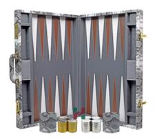 Multi-Grey Faux Snake Leather Attache Backgammon Set with Inlaid Points and Dice Cups – Luxury Travel Game Case