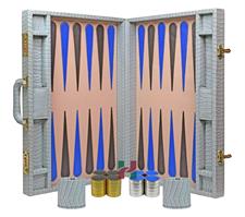 Luxury Faux Leather  Sky Blue Crocodile-Textured Backgammon Set with Dice Cups & 30 Gold/Silver Plated Checkers