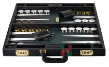 Faux Leather Attache Backgammon Set – Jet Black Case with Inlaid Playing Points & Metallic Edge Checkers