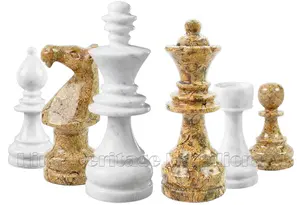 Handcrafted Coral Fossil and White Marble Staunton Chess Pieces Set - Luxury Stone Chessmen for Collectors