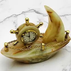 Hand-Carved Green Onyx Ship Clock with Gold Accents | Natural Stone Nautical Desk Decor