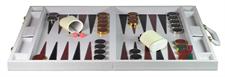 Luxury White Faux Leather Attache Backgammon Set with Dice Cups, 15 Silver & 15 Gold Plated Edge Checkers