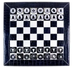 Luxury Dark Blue Croco Leather Roll Up Chess Set with Marble Checkers and Leather Storage Tube