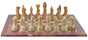 Handcrafted Red Onyx & Coral Marble Natural Stone Chess Set – Luxury Chess Board with Elegant Hand-Carved Rustic SeriesChess Pieces – Unique Decorative Chess Set for Collectors & Players