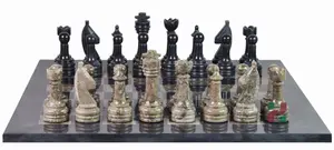 Luxury Marble Chess Set, Handcrafted Natural Stone Chess Board with Rustic Series Pieces, Jet Black & Oceanic Decor