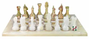 Luxury Natural Stone Chess Set | White & Green Onyx Board with Hand-Carved Rustic Style Chess Pieces