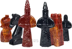 Handmade Jet Black Marble & Red Onyx Royal Bishop Series Chess Pieces Set – Luxury Natural Stone Chessmen for Collectors and Gifts
