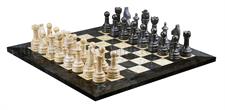 Jet Black & Coral Marble Natural Stone Chess Set With Rustic Series Chess Pieces 