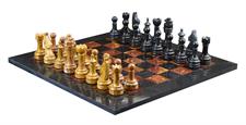 Jet Black Marble & Red Onyx Natural Stone Chess Set With Rustic Series Chess Pieces 