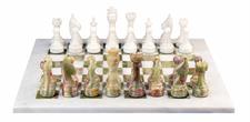White Marble & Green Onyx Natural Stone Chess Set With Rustic Series Chess Pieces 
