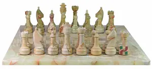 Handcrafted Green Onyx and Burma Teak Marble Chess Set with Rustic Series Chess Pieces – Luxury Natural Stone Game Board
