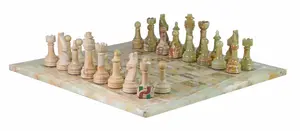 Handcrafted Green Onyx and Burma Teak Marble Chess Set with Rustic Series Chess Pieces – Luxury Natural Stone Game Board