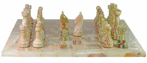 Handcrafted Green Onyx and Burma Teak Marble Chess Set with Rustic Series Chess Pieces – Luxury Natural Stone Game Board