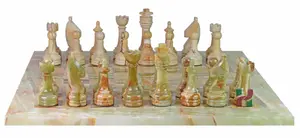 Handcrafted Green Onyx and Burma Teak Marble Chess Set with Rustic Series Chess Pieces – Luxury Natural Stone Game Board