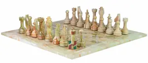 Handcrafted Green Onyx and Burma Teak Marble Chess Set with Rustic Series Chess Pieces – Luxury Natural Stone Game Board