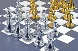 16-Inch Navy Blue Leather Chess Table with Handcrafted Brass Chess Pieces – hinaheritagehandicraft