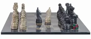 Luxury Marble Chess Set, Handcrafted Natural Stone Chess Board with Rustic Series Pieces, Jet Black & Oceanic Decor