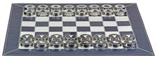 Dark Blue Cow Nappa Leather Roll Up Chess Set with Marble Metallic Edge Checkers & Leather Storage Tube – Travel Chess Game USA