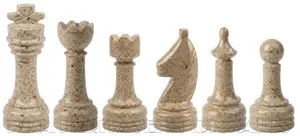 Handmade Jet Black and Tervera Fossil Stone Marble Chess Pieces Set – 32 Hand-Carved Natural Stone Chessmen with Felt Bottoms