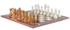 Handcrafted Luxury Red Onyx and Botticino Marble Chess Set - Premium 16-inch Decorative Stone Chess Board for Home Decor