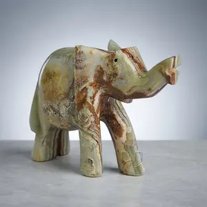 Handmade 4 Inch Green Onyx Elephant Figurine Trunk Up – Natural Genuine Stone Elephant Sculpture for Good Luck, Home Decor, and Office Desk Ornament