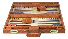 Tan Crocodile Textured Faux Leather Backgammon Attache Set with Gold & Silver Plated Metallic Edge Checkers and 2 Dice Cups