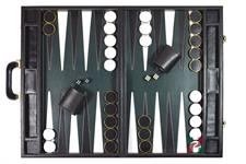 Faux Leather Attache Backgammon Set – Jet Black Case with Inlaid Playing Points & Metallic Edge Checkers