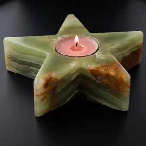 Authentic Green Onyx Gemstone Star T-Light Candle Holder – Natural Stone Tealight Votive Stand for Aromatherapy, Spa, and Luxury Interior Decor