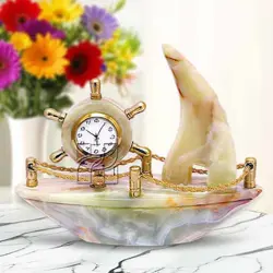 Hand-Carved Green Onyx Ship Clock with Gold Accents | Natural Stone Nautical Desk Decor