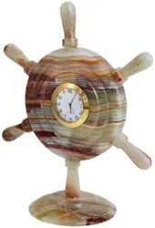 Hand-Carved Green Onyx Ship Wheel Clock | Natural Stone Nautical Desk Accessory for Home Office Decor