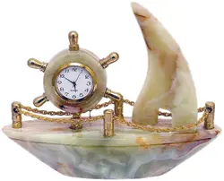Hand-Carved Green Onyx Ship Clock with Gold Accents | Natural Stone Nautical Desk Decor