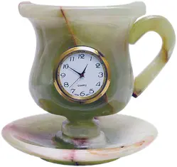 Handcrafted 4x4 Inch Green Onyx Marble Cup Saucer Table Clock – Natural Stone Decorative Desk Clock for Home Office Décor