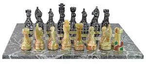 Luxury Black Zebra & Green Onyx Marble Chess Set – Handcrafted Stone Chessboard with Natural Gemstone Pieces | Elegant Home Decor & Gift Set
