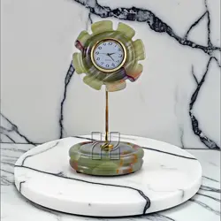 Green Onyx Sunflower Style Mini Clock – 4 Inch Decorative Stone Clock for Table, Shelf & Mantel Display