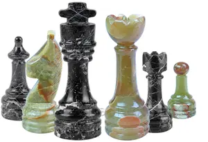 Handmade Black Zebra Marble and Green Onyx Chess Pieces Set – Luxury Stone Weighted Chess Pieces