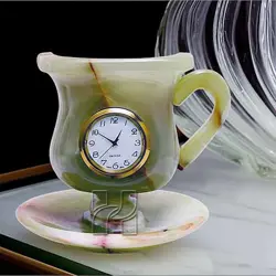 Handcrafted 4x4 Inch Green Onyx Marble Cup Saucer Table Clock – Natural Stone Decorative Desk Clock for Home Office Décor
