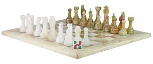Luxury Natural Stone Chess Set | White & Green Onyx Board with Hand-Carved Rustic Style Chess Pieces