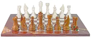 Handcrafted Luxury Red Onyx and Botticino Marble Chess Set - Premium 16-inch Decorative Stone Chess Board for Home Decor