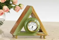 Handcrafted Triangular Green Onyx Clock with Brass Stand | Elegant Home or Office Decor