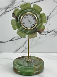 Green Onyx Sunflower Style Mini Clock – 4 Inch Decorative Stone Clock for Table, Shelf & Mantel Display