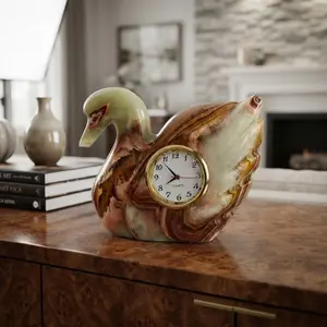 Green Onyx Swan Shape Clock – Handcrafted Natural Stone Desk & Table Clock