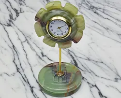 Green Onyx Sunflower Style Mini Clock – 4 Inch Decorative Stone Clock for Table, Shelf & Mantel Display