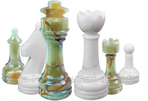 Green Onyx and White Marble Chess Pieces Set – Handmade Stone Chess Pieces – Luxury Home Decor & Strategy Game