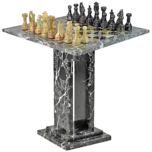 Luxury Black Zebra Marble and Green Onyx Chess Table – Handcrafted Natural Stone Game Table with Inlaid Chessboard for Home Décor and Gift