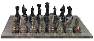 Oceanic  & Jet Black Marble Natural Stone Chess Set With Rustic Series Chess Pieces 