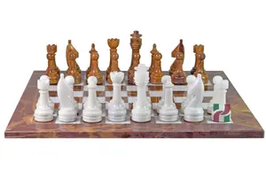 Luxurious Red Onyx & White Marble Chess Set with PU Leather Storage Box – Handmade, Elegant, and Durable