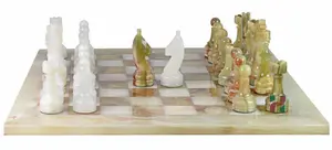 Luxury Natural Stone Chess Set | White & Green Onyx Board with Hand-Carved Rustic Style Chess Pieces