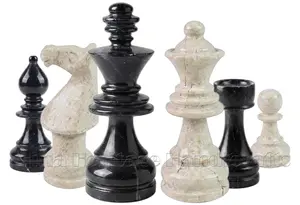 Handcrafted Jet Black & Botticino Marble Chess Set | Luxury Heavyweight Stone Chess Pieces with Polished Finish | Collectible Decorative Chessmen