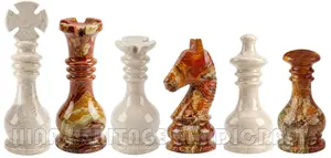 Monarch Gambit Luxury Chess Pieces Set | Handcrafted Red Onyx & Botticino Marble | Heirloom Quality Weighted Chessmen
